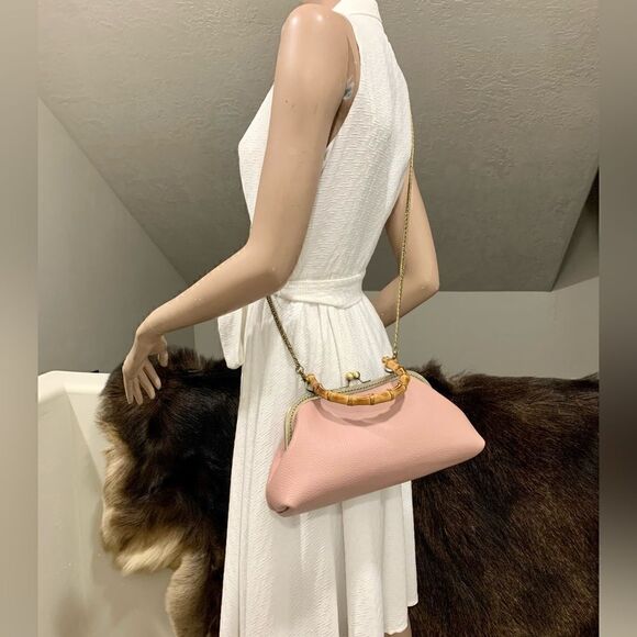 Handsewn Genuine Premium Pebble Leather Real Bamboo Handle Bag/Crossbody - Picture 9 of 14